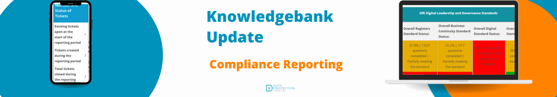 A digital graphic with a blue background and orange text announces "Knowledgebank Update Compliance Reporting." Below this, a smartphone and a laptop display data. The smartphone shows "Number and Status of Tickets" with "Existing tickets open at the start of the reporting period 1", "Tickets created during the reporting period 7", and "Total tickets closed during the reporting 7". The laptop screen, titled "DFE Digital Leadership and Governance Standards," presents a dashboard with four colored boxes indicating compliance status. From left to right: "Overall Registers Standard Status: 61.9% | 13/21 questions completed | Partially meeting the standard" in yellow; "Overall Business Continuity Standard Status: 41.2% | 7/17 questions completed | Partially meeting the standard" in yellow; "Overall Digital Standard Status:" in red with illegible text, indicating "Not meeting the standard"; and the fourth box, mostly obscured but showing "50%" and "meeting the standard" in orange. The top right of the graphic features a logo that reads "DATA PROTECTION EDUCATION."